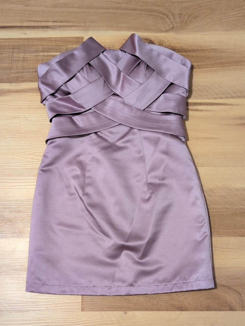 Women's Strapless Satin Cross-Bodice Mini Dress in Dusty Mauve